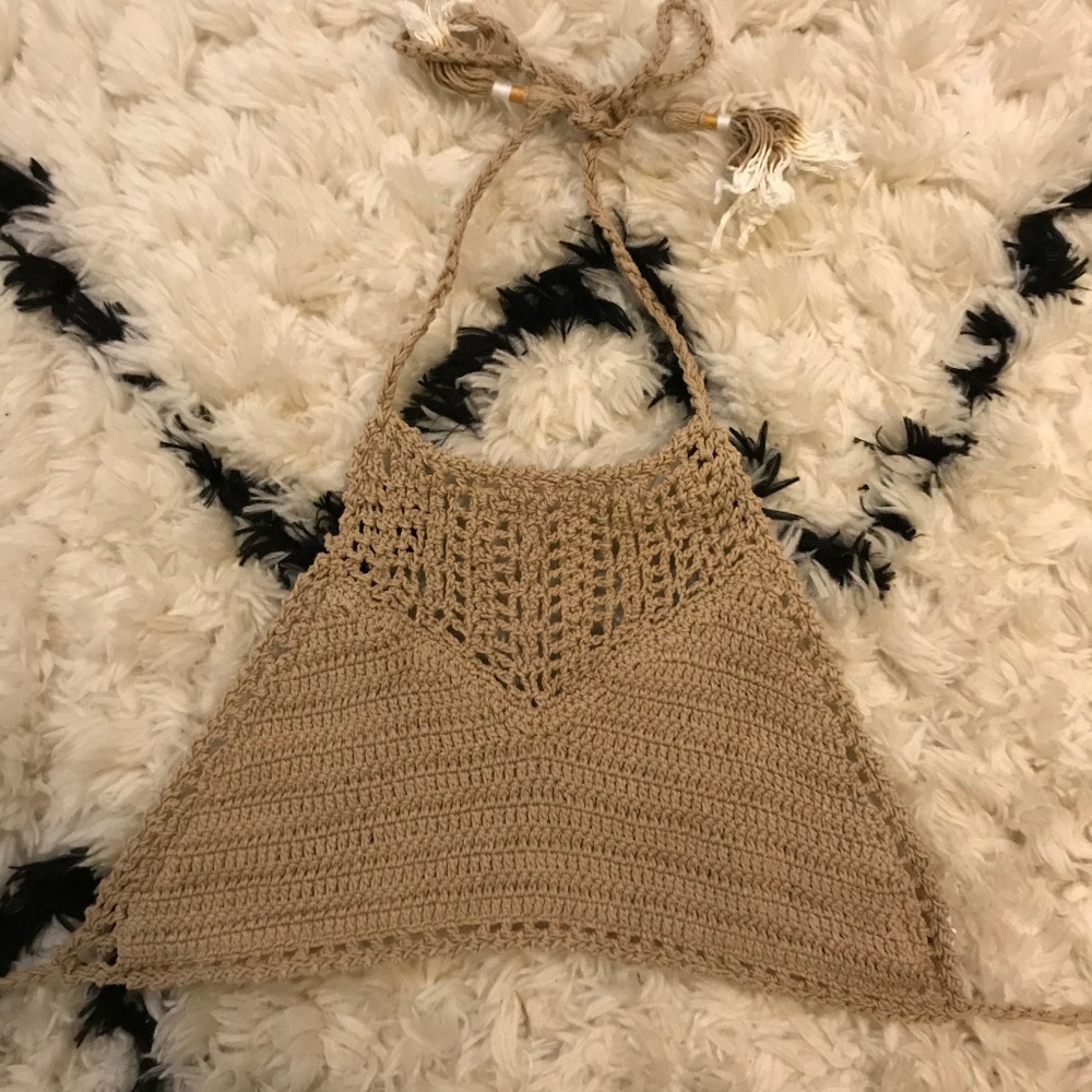 She Made Me Tan Halter Crochet Swim Top
